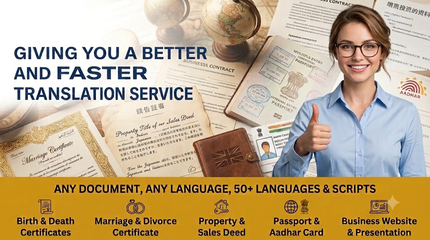 Translation service features showcasing documents, passports, languages, and certificates